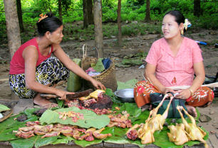 Mercado al aire libre cerca de la estación de ferrocarril de Katha. Vendedoras de pollos.